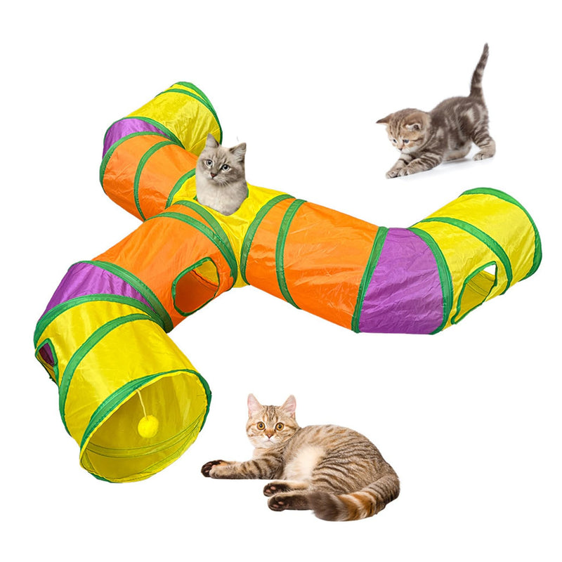 3-Way Cat Tunnels for Indoor Cats with Peek Hole, Large Foldable Rainbow Pet Tube Toy with Hanging Ball, Fun Interactive Toys for Kittens, Rabbits, Small Dogs