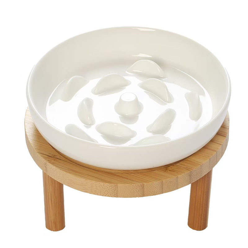 Raised Slow Feeder Cat Bowl, 5.9 Inch Wide Shallow Ceramic Elevated Glass Food Bowl Puzzle Feeders, Anti Vomit Cat Dish, Whisker Friendly Pet Plates Feeding Station for Indoor Cats, Kitten(1 Set)