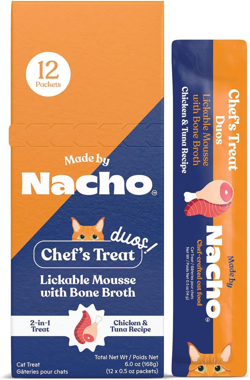 Made by Nacho Lickable Cat Treats Mousse Tubes 12 Count with Bone Broth Chicken and Tuna Recipe (.5 oz) No Grains, Corn,