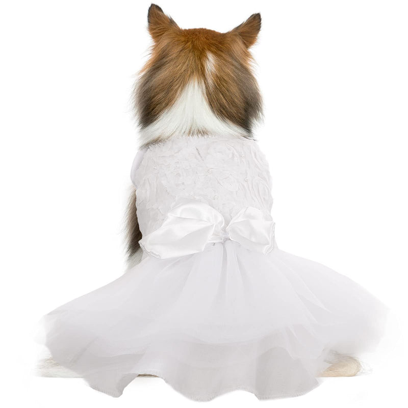QBLEEV Dog Dress Tutu Skirt for Large Dogs Girl, Sweet Dog White Princess Dresses with Bowknot and Rose Decor,Pet Lace Costume Summer Apparel Formal Clothes for Wedding Party Holiday, XXL