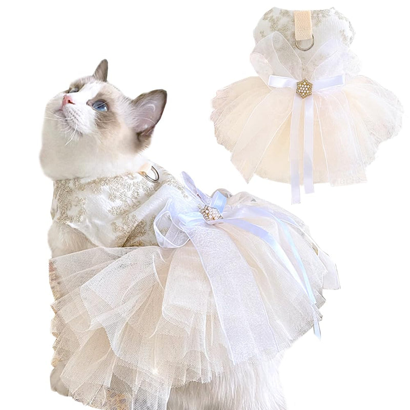 Anelekor Fancy Dog Dresses with Leash Ring, Embroidered Dog Wedding Dress, Bow Puppy Clothes for Small pet Girl Multi-Layer Lace Tutu Cat Outfit for Kitten Chihuahua Yorkie, Small