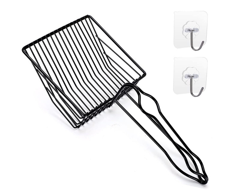 QUALIALL Metal Cat Litter Scoop, Fast Kitty Box Pooper Scooper with Holder, Deep Large Shovel, Upgraded with Flat Head and a Comfy Thumb Hole in Long Handle