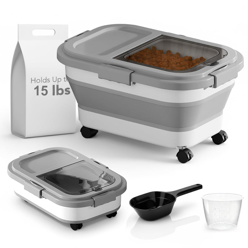 Summark 15 Lbs Dog/Cat Food Storage Container,Collapsible Food Storage Containers with Rolling Wheel Airtight Locking Lid,Pet Food Storage Container with Cup and Scoop,Grey