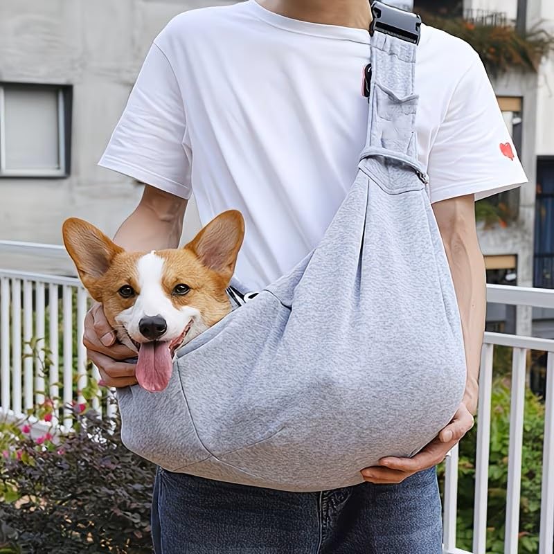 Hand-Free Dog Sling Carrier - Reversible Puppy Carrier Purse with Storage Pocket for Small Dogs Cats Within 7.5kg/16.53lb Pet Supplies, Grey
