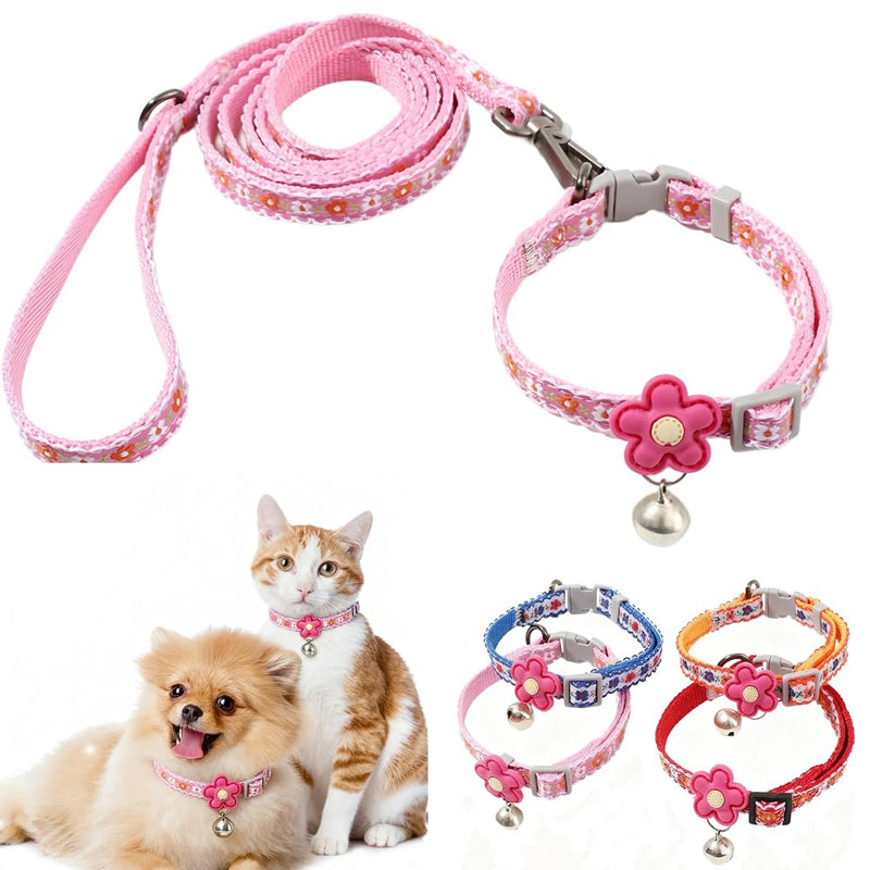 Pink XXS Dog Collar with Bell Set, Soft Flower Dogs Leash Cute Floral Cat Collars Adjustable Buckle for XS Tiny Female Girl Pets Kitten Teacup Yorkie X-Small