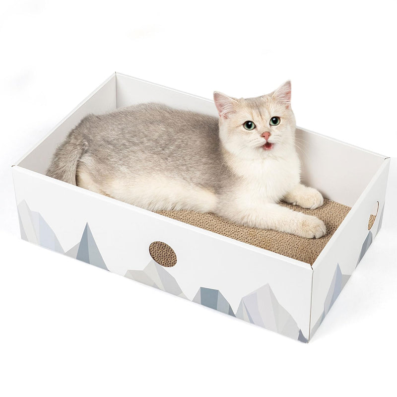 Conlun Cat Scratcher Box with Heavy-Duty Double-Sided Cardboard Pad, Cardboard Lounger, Interactive Hole Design, Cat Bed for Indoor Cats, White, Large
