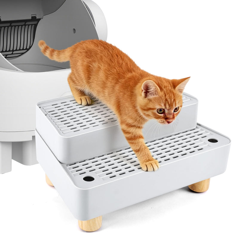 Adjustable 2 Steps Litter Box Ramp, Cat Litter Catcher Mat with Wooden Feet, Filter Function, Litter Box Step for Small & Elderly Cats, Fits Automatic Litter Boxes (Light Grey)