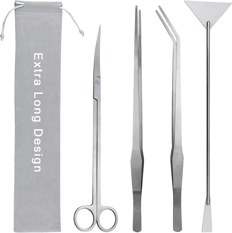 Aquarium Aquascape Tools Kit, Long 15 Inch Stainless Steel Aquatic Plants Tools, 4 in 1 Anti-Rust Aquascaping Tweezers S