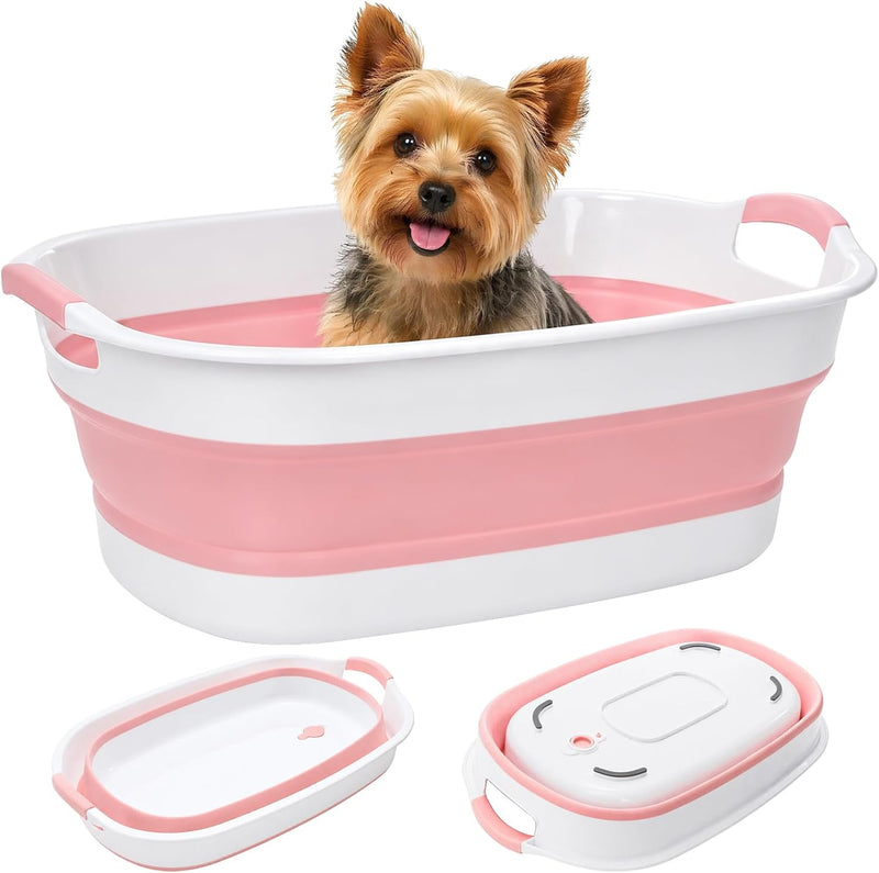 Coloch Collapsible Pet Bath Tub, Dog Bathtub with Drain Plug&Handle, Pink
