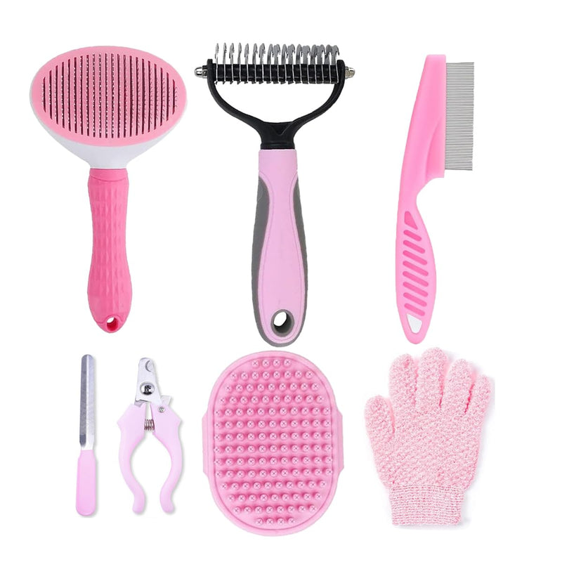 7 PCS Dog Brush Dog Grooming Kits,Dog Shedding Brush,Self-Cleaning Brush with Nail Clipper, Flea Comb and Shampoo Bath B