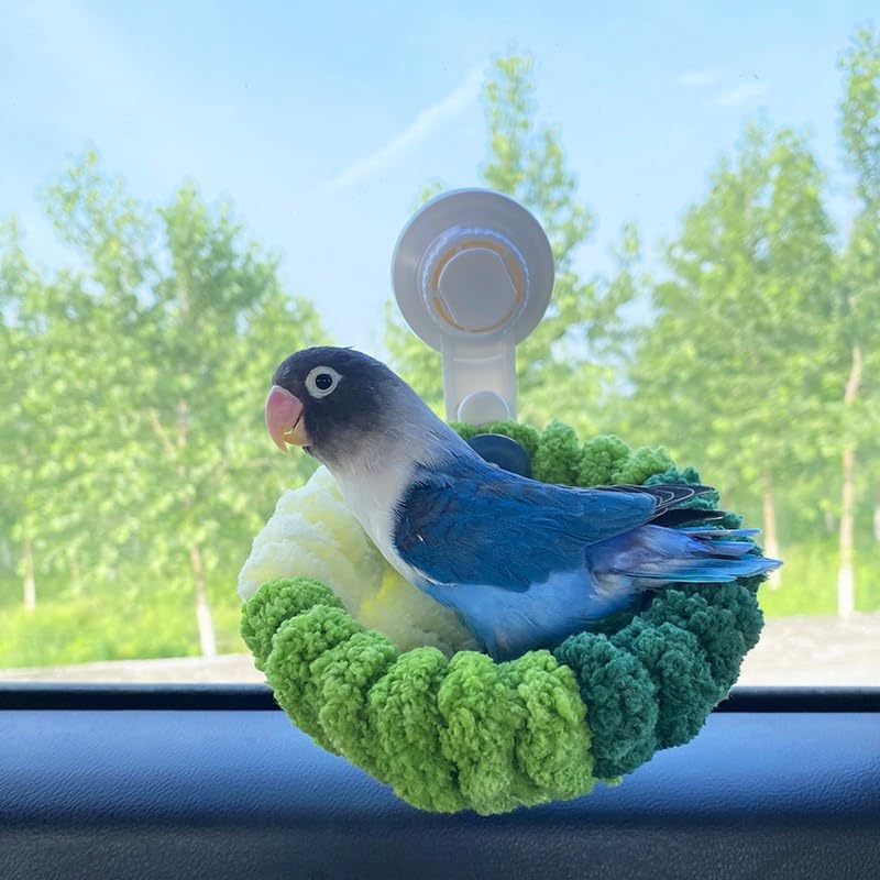 TAKSDAI Portable Suction Cup Bird Perch Nest for Travel Car Window Glass, Warm Bird Sleeping hut Snuggle Bed for cage (Green Combo, L)