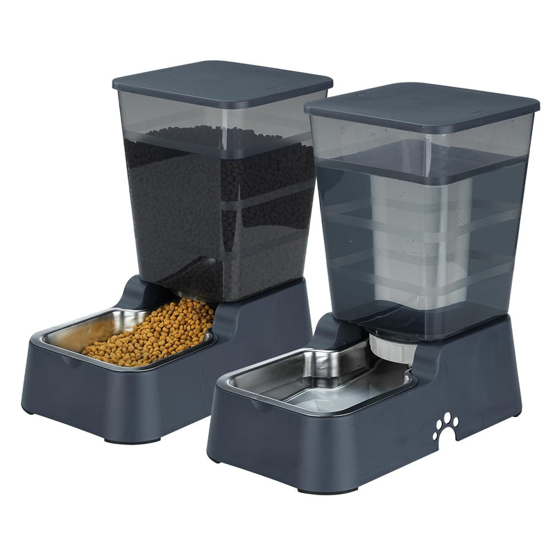 Leefele Automatic 5.4L/1.4Gal Pet Waterer, Automatic Dog Water Dispenser Gravity Stainless Steel Water Feeder, Large Capacity Feeding Bowls for Cats and Medium & Large-Sized Dogs (Black, Food+Water)