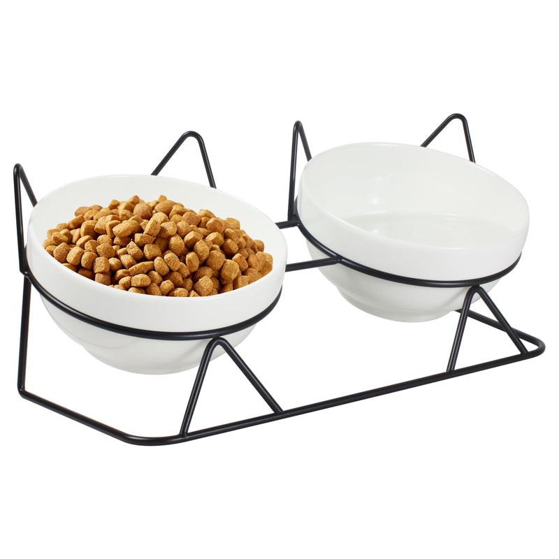 Elevated Tilted Cat Bowls for Indoor Cats,Raised Ceramic Cat Bowl Elevated 15°,Pet Feeding Bowls for Food and Water Anti Vomiting Bowl(Double Ceramics and Tilt Shelf) Suitable