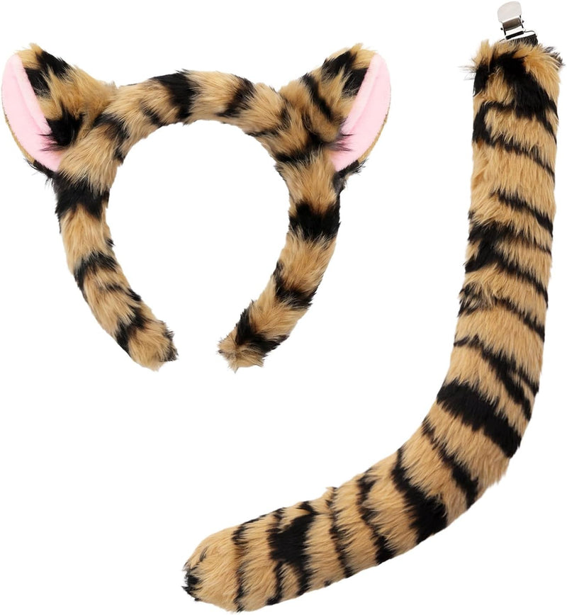 2Pcs Tiger Costume Set Tiger Ears Headband Tail for Adults Halloween Brown