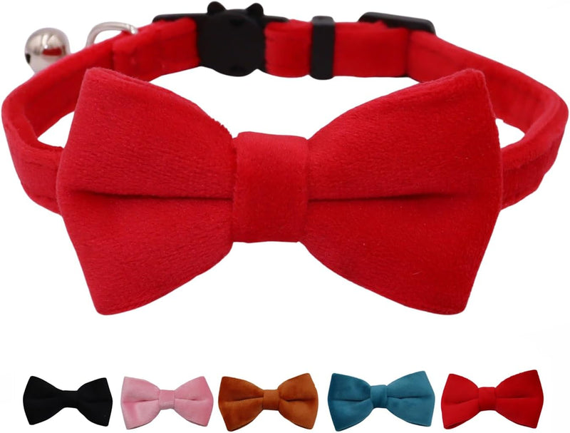 Cat Collar Breakaway with Bell and Removable Bow Tie Safety Buckle Velvet Adjustable 7-11 inches for Kitten Cats