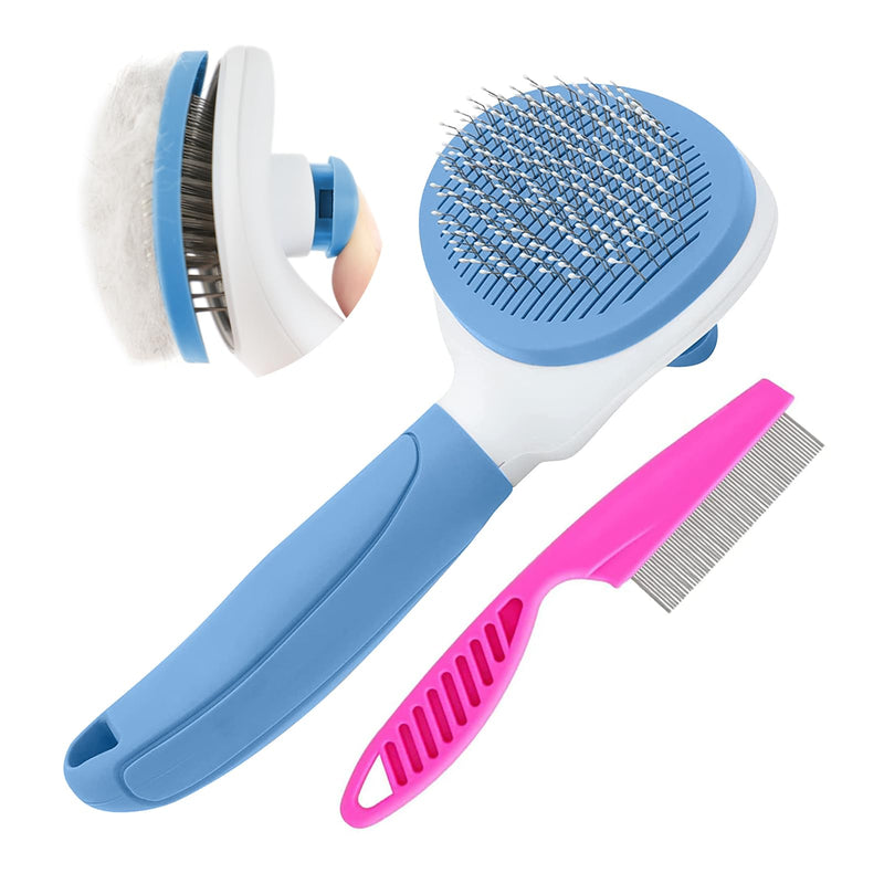 Self Cleaning Slicker Brush, Cat Brushes for Indoor Cats with Metal Comb, Dogs Cats Hair Brushes for Shedding, Pet Kitten Grooming Tool with Release Button for Long or Short Hair by KALAMANDA(Blue)