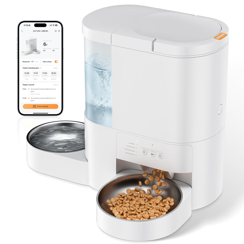 Automatic Cat Feeder and Water, 5G WiFi App Controlled Cat Dry Food Dispenser, 2 in 1 Timed Pet Feeder, 4L Food & 3L Gravity Waterer with Voice Recording, 10 Meals Programmable 1-15 Portion Control