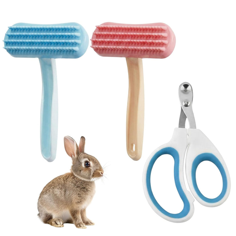 3PCS Bunny Brush Set, Silicone Pet Brush for Grooming, Rabbit Brush For Shedding Grooming, Hair Buster Comb for Small An