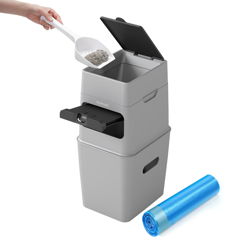 Neakasa PooGuard Litter Disposal Bin, 9.2L Trash Can for Cat Litter, Dog Waste & Diapers, with Viewing Window, Wider Opening, and 4-Month Refill Bag (Grey)