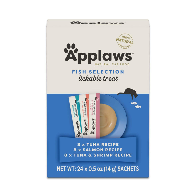 Applaws Lickable Cat Treats, Natural Grain-Free Purée, Made with Limited and Natural Ingredients, No Artificial Additives, Fish Squeeze Up Cat Treats (24 x 0.5 oz Sachets)
