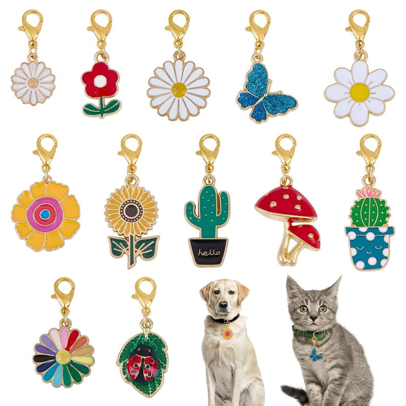 DELORIGIN 12 Styles Vegetative Collar Pendants for Cat Dog Alloy Enamel Cacti Pet Collar Pendants Clip-on Butterfly Flower Pet Collar for Bag Keychain Jewelry Making Training Home Decor