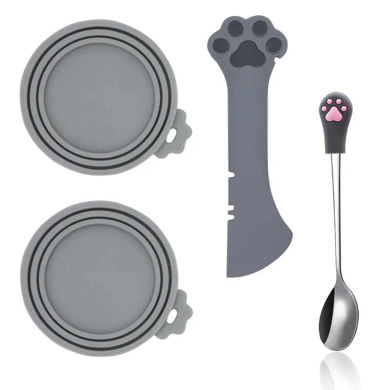 SJANE Cat Food Can Spoons & Can Lids | 4 Pcs | Multi-function Opener | Silicone Pet Food Covers | Stainless Steel Wet Food Spoon for Cats and Dogs(Grey)