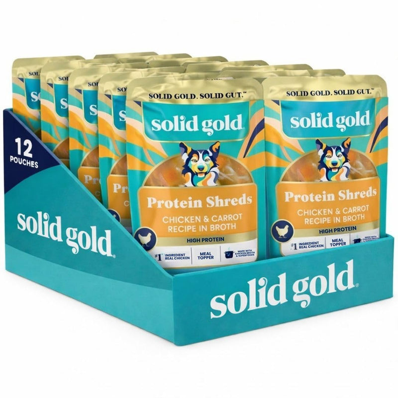 Solid Gold Protein Shreds Dog Food Topper for Dry Food- High Protein Meal Toppers for Dogs w/Chicken Shreds, Broth, Carrots & Superfoods to Supports Muscle Growth, Gut Health & Immunity -12 Pouches