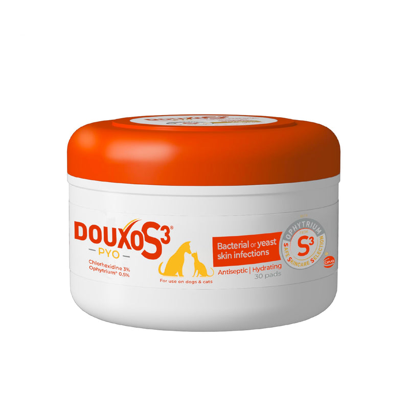 Douxo S3 PYO Pads, 3% Chlorhexidine Wipes for Dogs and Cats, Antiseptic Dog Wipes For Bacterial or Yeast Skin Infections, 0.5% Ophytrium Clinically Proven, 30 Pads
