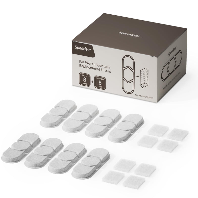 Speedeer Official 8 Packs Replacement Filters & Pre-Filter Sponges for 4Gal/15L Large Dog Water Fountain ZTS1502