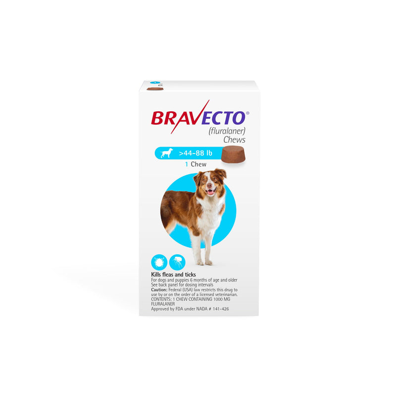 BRAVECTO Chew for Dogs, Flea & Tick, 1 Chew, 12 Week Supply, >44-88 lbs., Blue Box