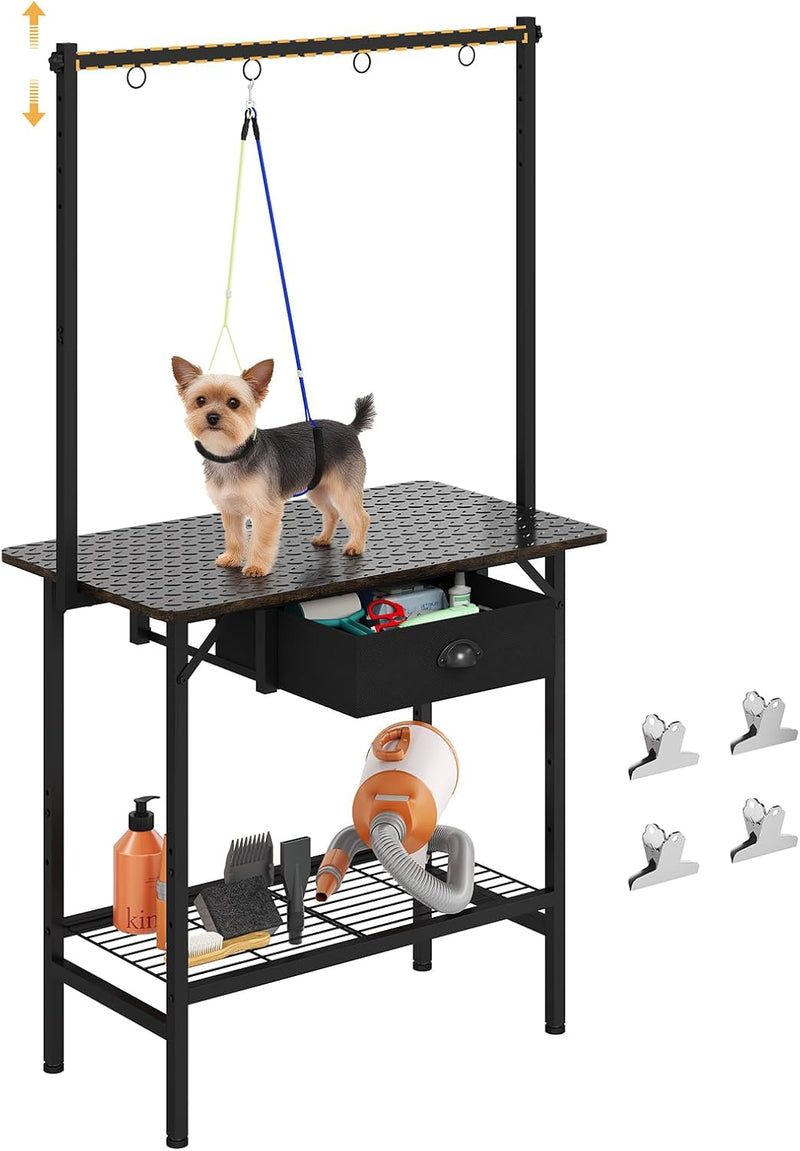 Dog Grooming Table with Drawers and Mesh Tray,32 Inch Adjustable Pet Grooming Table with Non-slip Removable Washable Mat