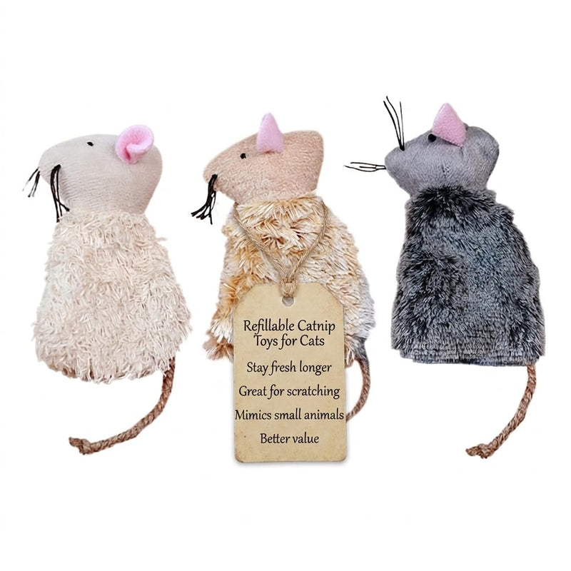 Ipetboom Refillable Catnip Toys for Cats - 3 Pack Interactive Cat Chew Toys for Indoor with Natural Long Fur and Jute Tail, Durable Plush Mouse Pet Fun Tool for Hunting and Boredom Relief
