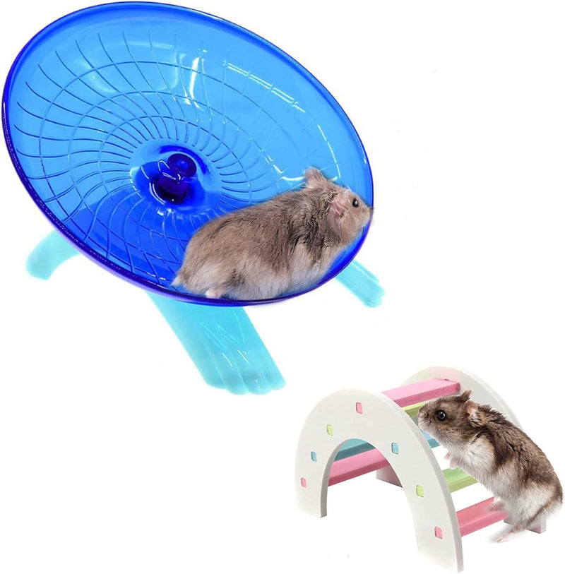 2 Pack Hamster Wheel Flying Saucer & Wood Bridge for Hedgehog Gerbil