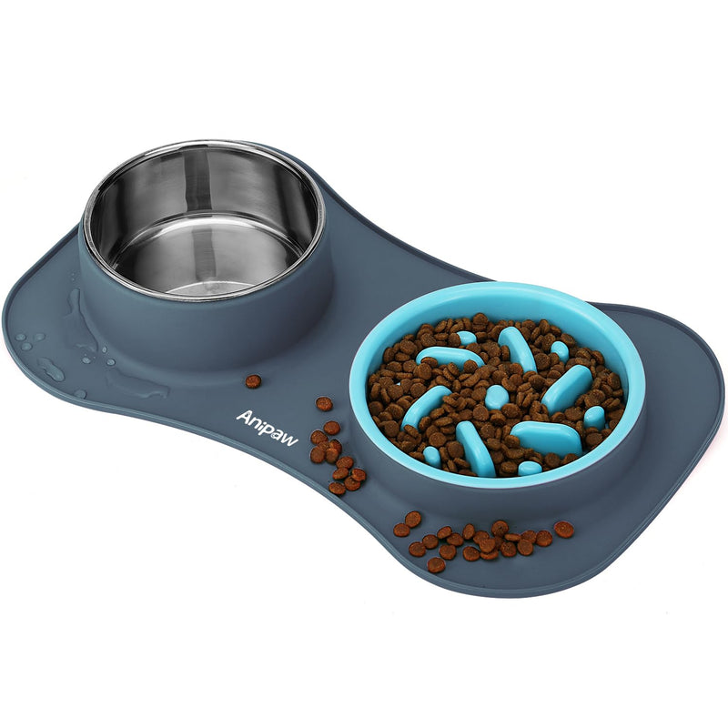 Anipaw Slow Feeder Dog Bowls 3 in 1 Stainless Steel Dog Food and Water Bowls with Non-Spill and Non-Skid Silicone Mat to Slow Down Eating for Large Medium Small Breed Size Dogs and Cats