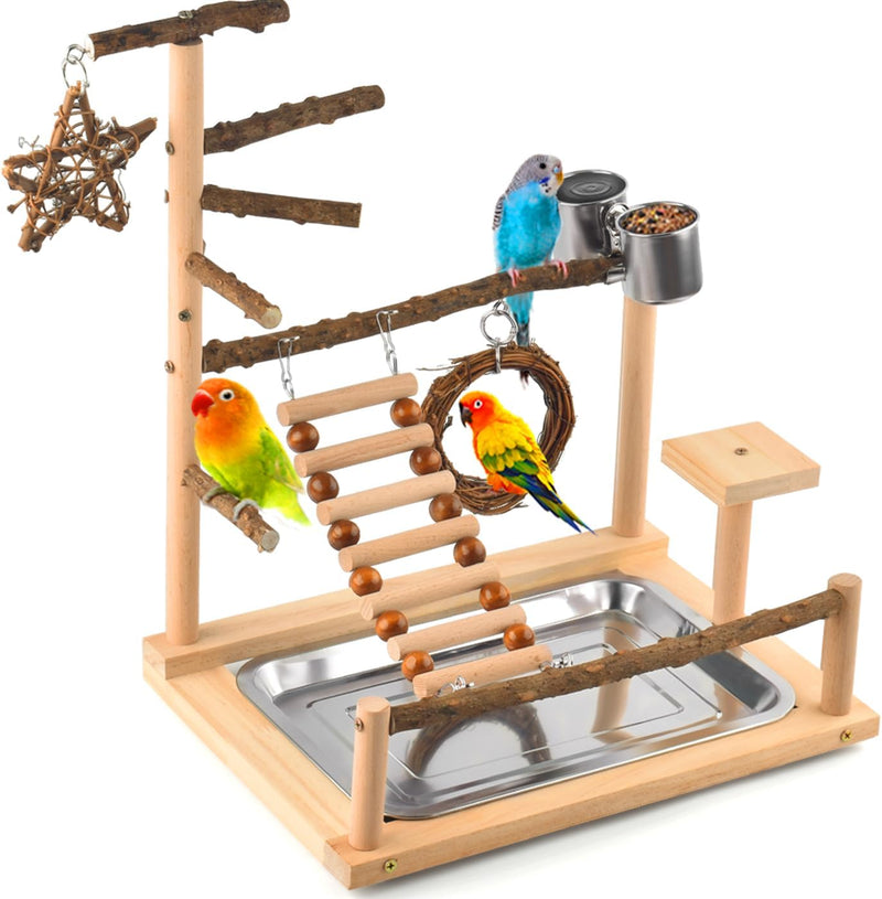 KATUMO Bird Playground - Natural Wooden Perches Parakeet Ladder Conure Swing Bird Cage Accessories with Removable Tray &