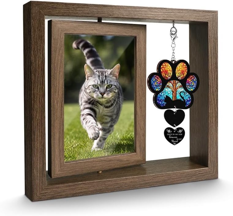 Pet Memorial Gifts for Loss of Cats- 360Β° Rotating Wooden Photo Frame for 4x6 Photo-Cat Loss Sympathy Gift for Cat Lover