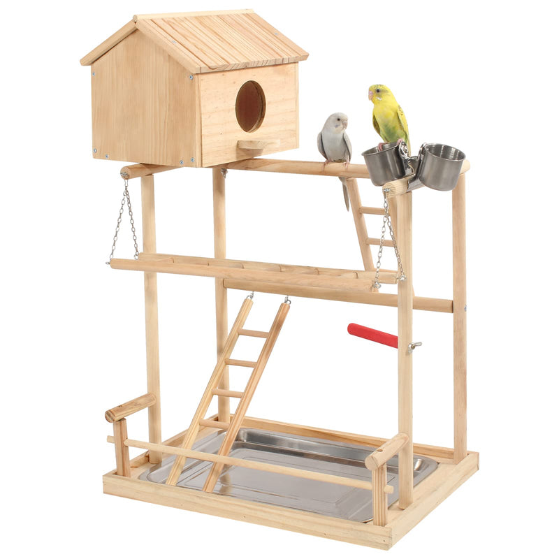 HiCaptain Large Bird Playground, 3 Layers Cockatiel Playground, Pet Parrot Playstand Gym Wooden Playpen Birds Play Stand with Nesting Box, Ladder, Feeder Cups