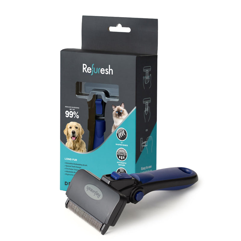 Refuresh Deshedding Dog Brush for Long Hair (Medium,Blue) – Gentle Deshedding Tool for Dogs & Cats – Reduces Shedding, Without damaging Topcoat. Removes Loose Fur & Dead Undercoat.