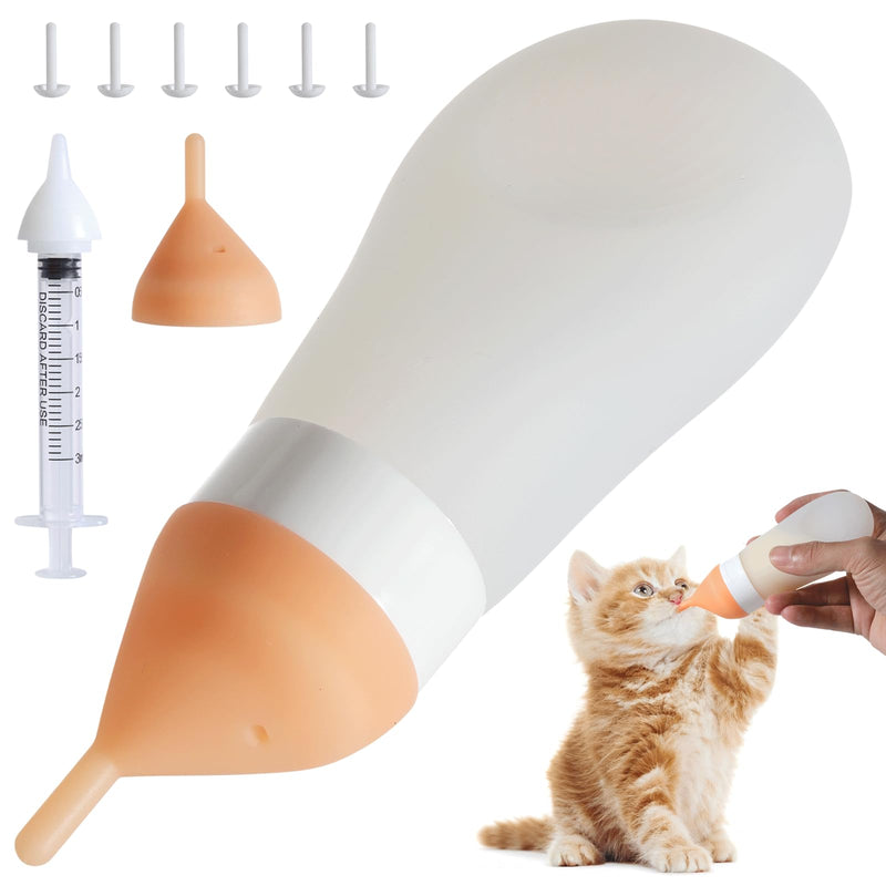 Elevonix Kitten Bottle Feeding Kit, Soft Silicone Squeezable Puppy Bottles for Adjustable Milk Flow with Replacement Nipple & Syringe, Newborn Puppy & Kitten Milk Feeder(White, 3.2fl oz)