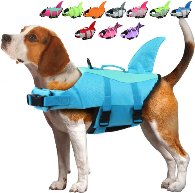 EMUST Shark Dog Life Jackets for Water Safety - Adjustable Ripstop Pet Life Vest with Rescue Handle for Swimming Pool, Beach, Boating (L, Pool Blue)