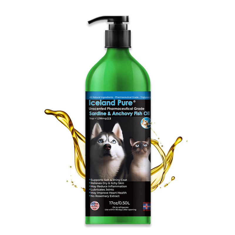 Sardine Anchovy Oil | 1296mg Omega | Unscented Pharmaceutical Grade | For Dogs & Cats | BPA-Free Brushed Aluminum Epoxy Coated Bottle with Pump 17 OZ