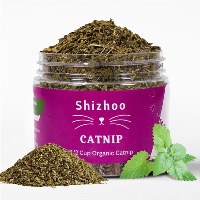 Shizhoo Catnip for Cats with Leaves and Flower Seeds 100% Natural and Organic Catnip Premium Cat Nip for Cats & Kittens Used as a Snack or Refillable Catnip Treats for Cats (1/2 Cup)