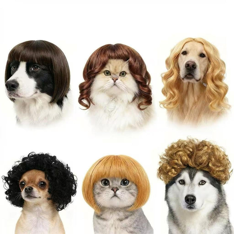 6 Pack Funny Cat and Dog Wigs, Soft Pet Cosplay Costume with Adjustable Straps, for Halloween Christmas Party Dress-Up, Ideal Gift for Pet Lovers