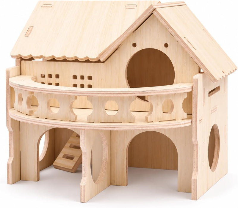 Improved Safety Large Balcony Small & Cute Wooden Hamster House with Large Balcony – Double-Decker Forest-Style Hut for