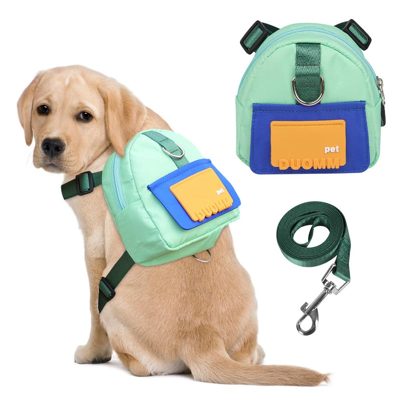 DoggieKit Dog Backpack Harness with Leash,Cute Pet Puppy Backpacks Bulid-in Dog Poop Bag Dispenser,Adjustable Pets Self Carrier Bag for Small Medium Dogs Travel Hiking Daily Walking(M, Green)
