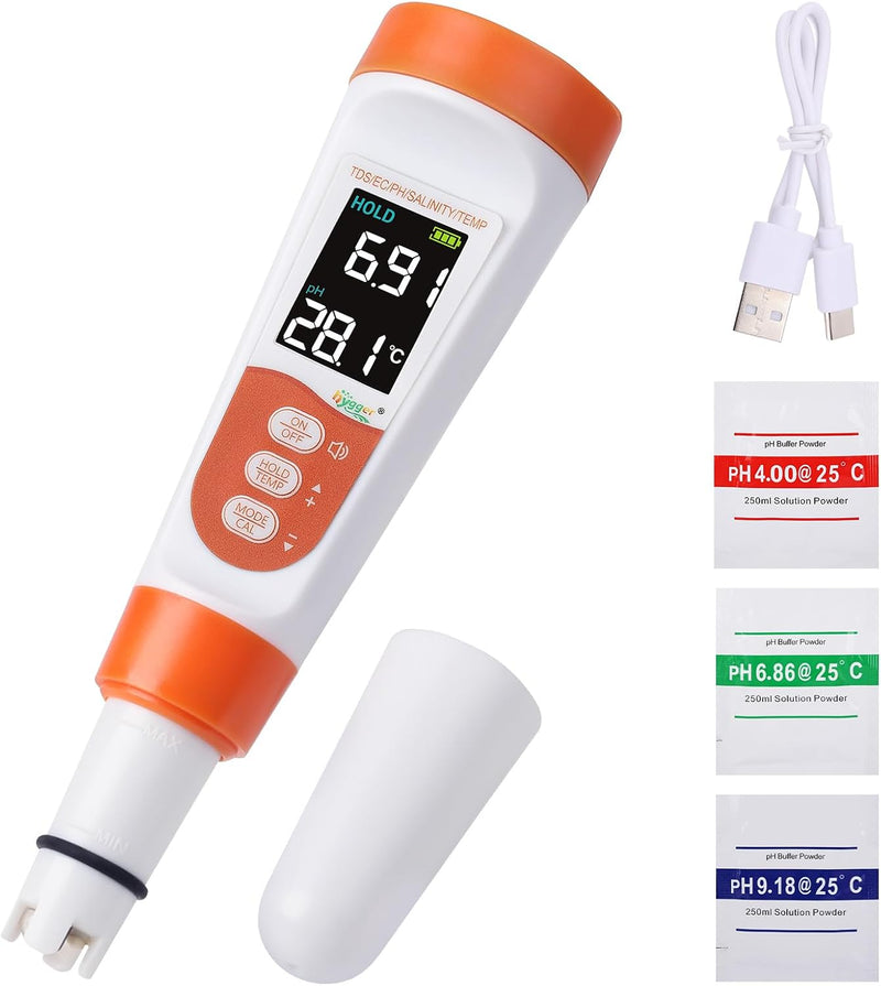 hygger Pool Salt Tester & PH Meter, 5-in-1 Digital Pool Water Tester, High Accuracy Salinity PH Temp EC and TDS Saltwate