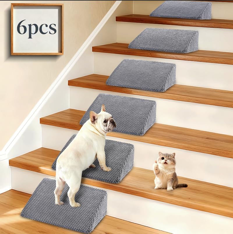 Dog Ramp for Stairs, Non-Slip Stair Wedges with Gentle Slope, Pet Ramp with Washable Cover and Self-Sticky Pads for Safe