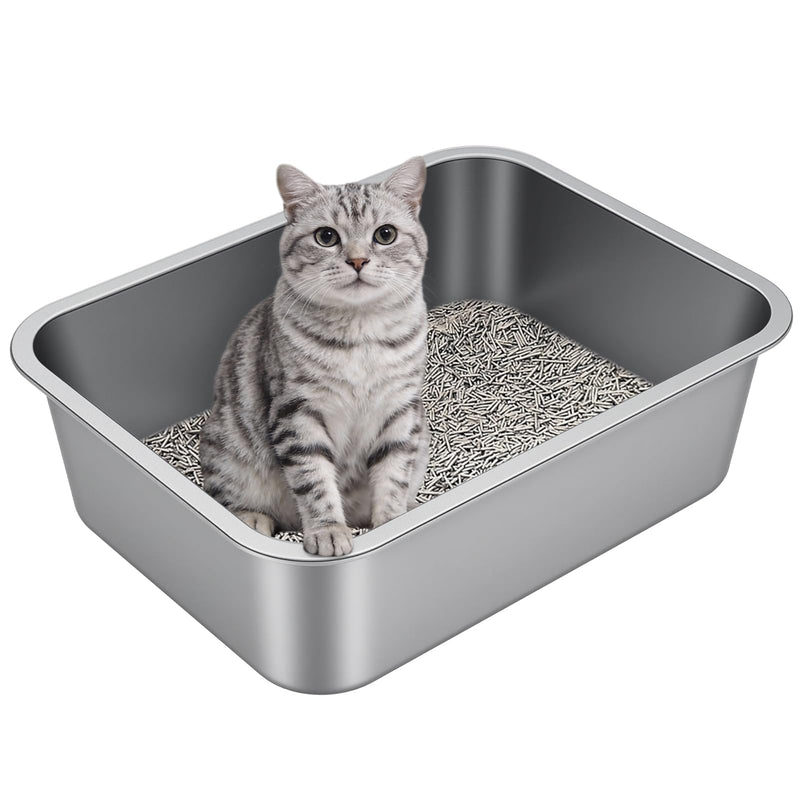 Idymere Stainless Steel Litter Box with High Sided, Metal Cat Litter Box, Odor-Free, Non-Stick Litterbox Pan, Easy to Clean Pet Supplies Toilet Tray for Indoor Cats, Kittens or Multicat Homes