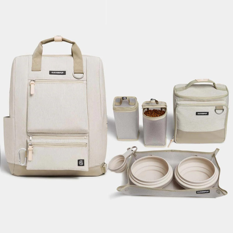 Cleverpup Ultimate Dog Travel Bundle Large 7-piece Bistro Box & Porter Dog Gear Backpack in Sand