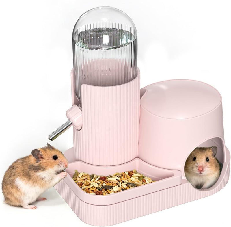 3 in 1 Hamster Water Bottle Dispenser with Food Bowl & Hideout Base (Pink)